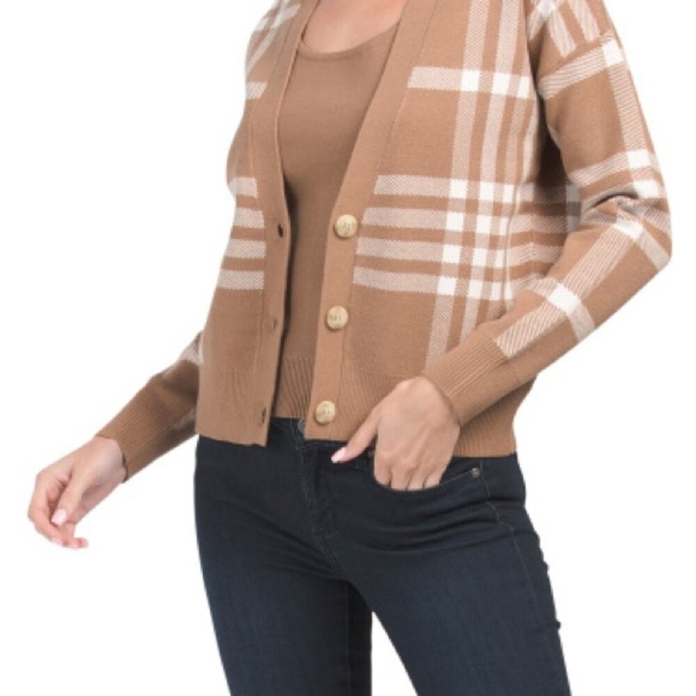 Rachel Zoe Long V-Neck Sweater Cardigan Tan Plaid Women's Size Large